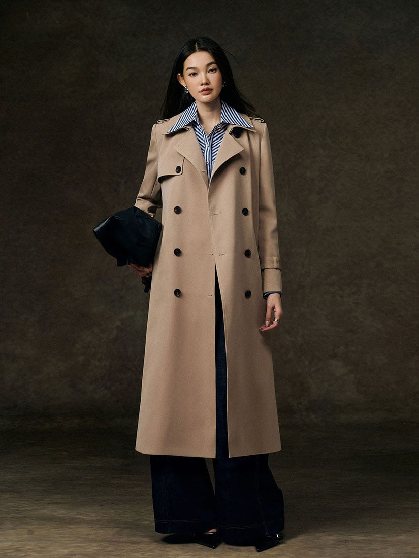Beige Double Breasted Belted Trench Coat