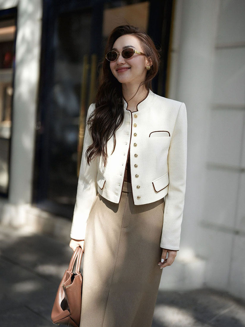 Cream Contrast Trim Mandarin Blazer