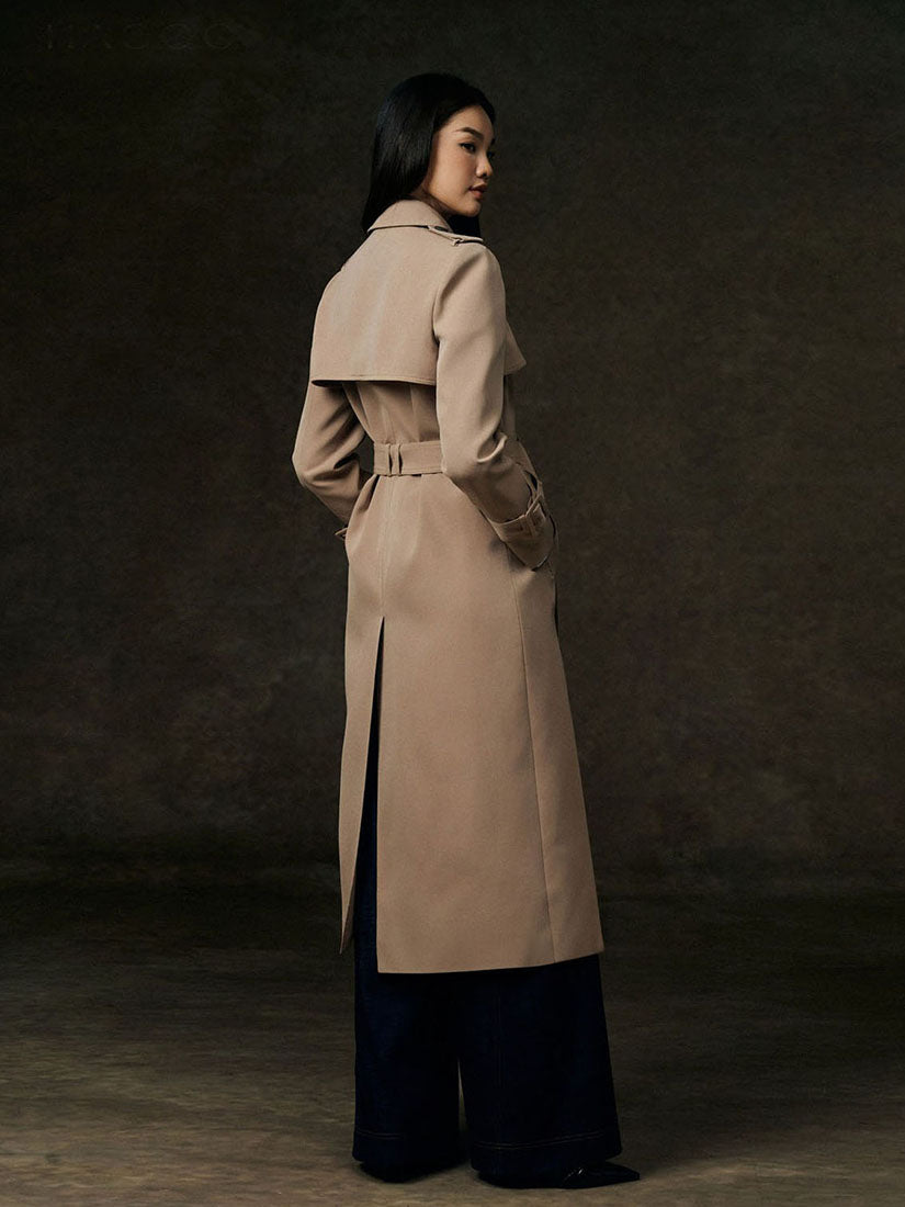 Beige Double Breasted Belted Trench Coat