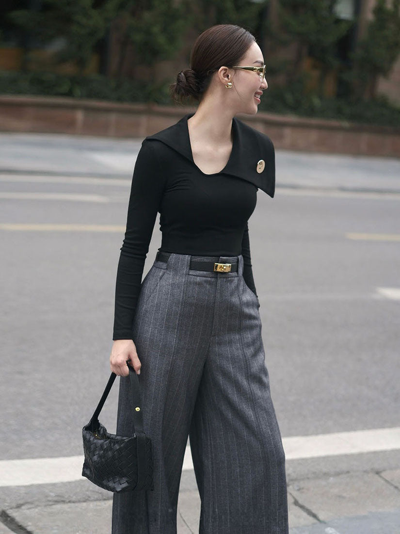 Black Asymmetric Collar Button Top