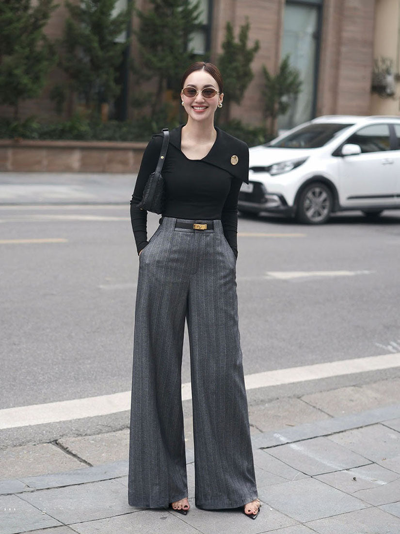 Black Asymmetric Collar Button Top