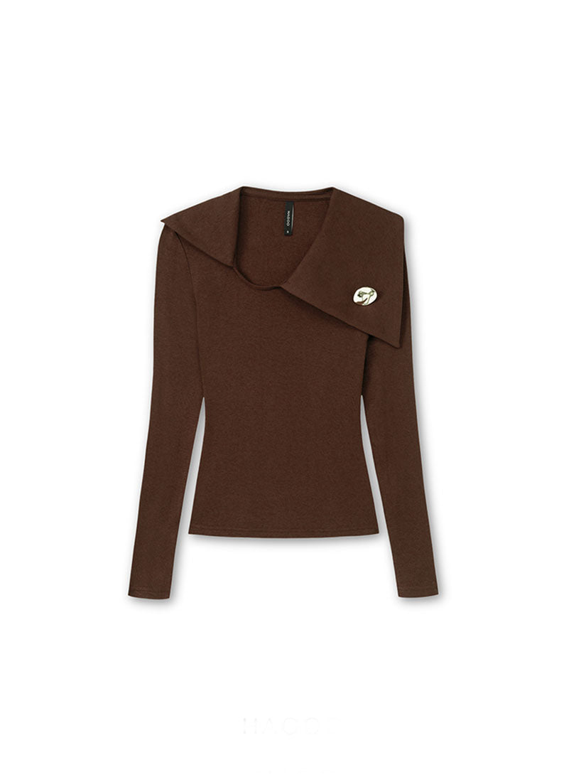 Brown Asymmetric Collar Button Top