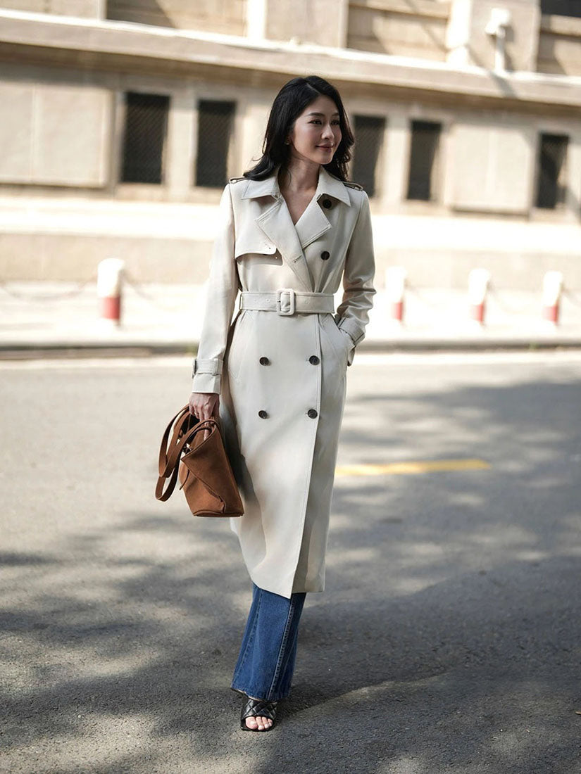 White Double Breasted Belted Trench Coat