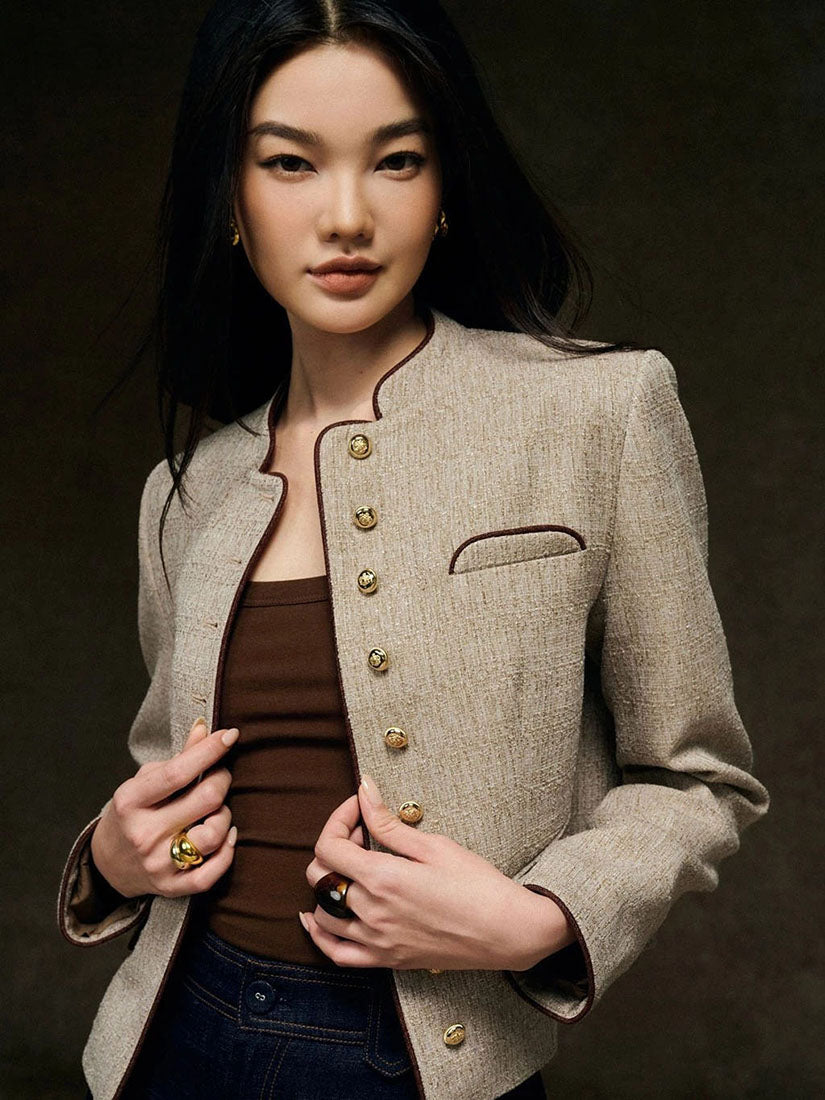 Brown Contrast Trim Mandarin Blazer