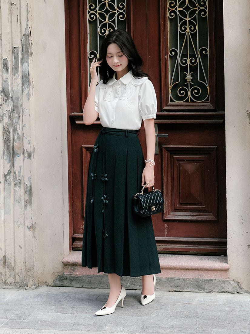Floral Belted Pleated Maxi Skirt