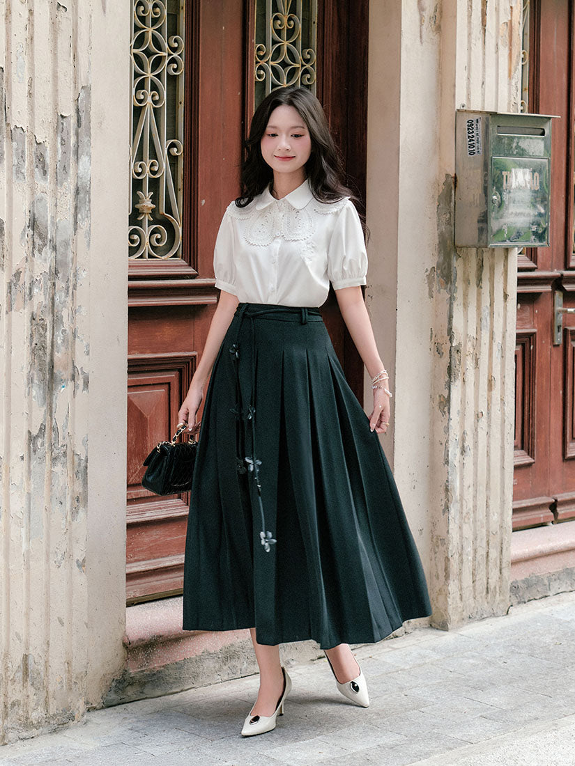Floral Belted Pleated Maxi Skirt