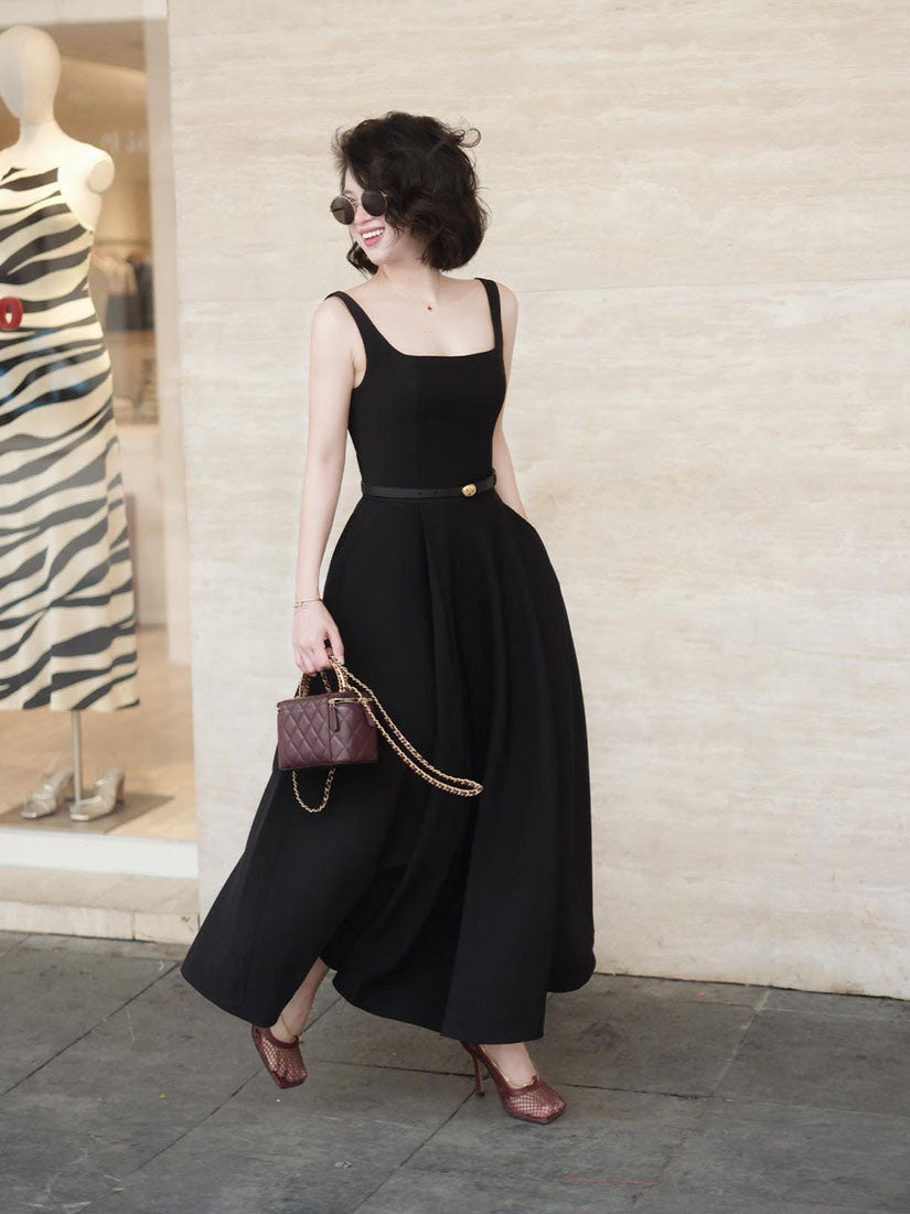 Square Neck Strap Pleated Flare Dress - Black