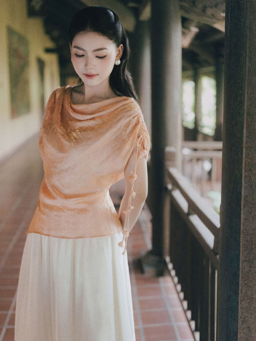 Drawstring Shoulder Drape Neck Top