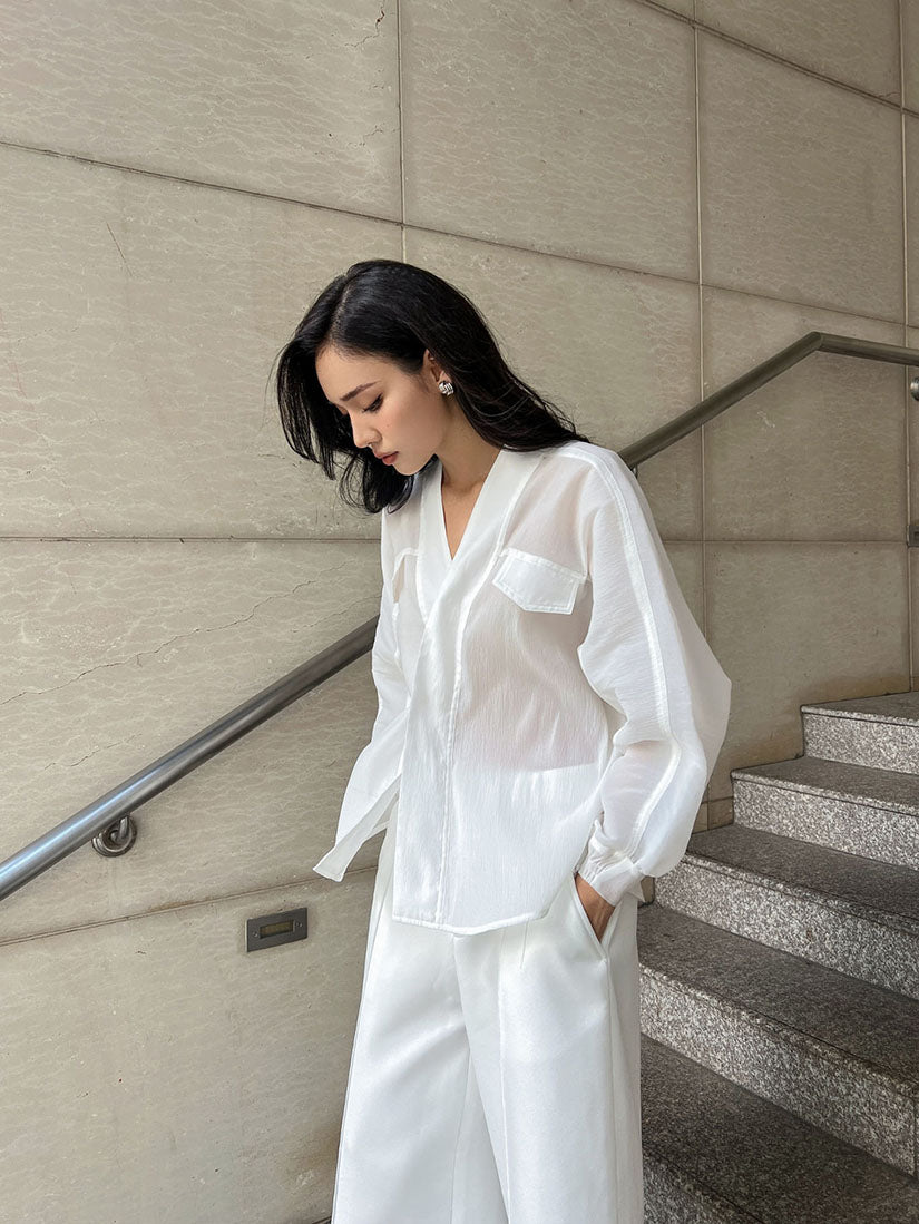 Long Sleeve White Foam Silk Shirt