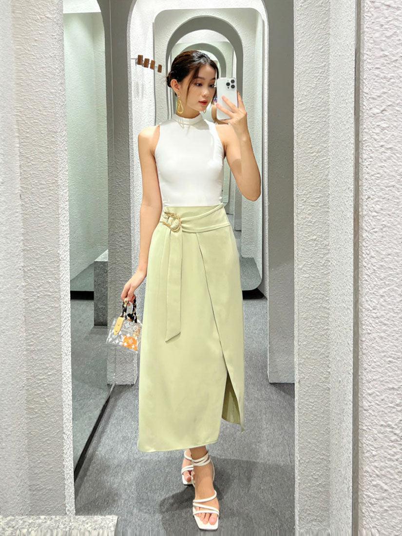 Pale Green Buckle Wrap Skirt