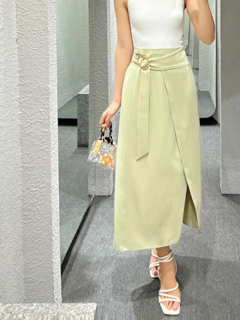 Pale Green Buckle Wrap Skirt