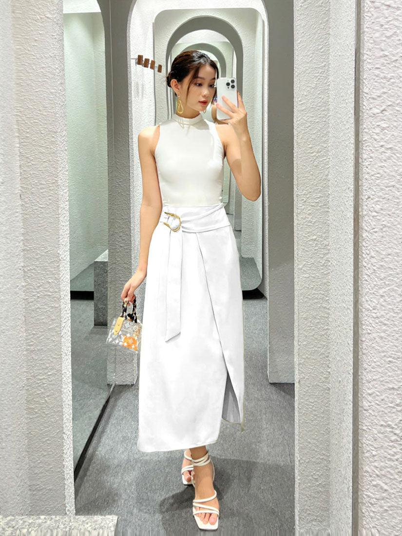 White Buckle Wrap Skirt