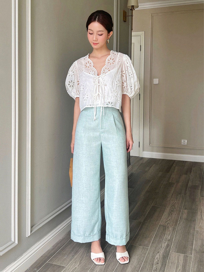 Turquoise Folded Hem Straight Pants