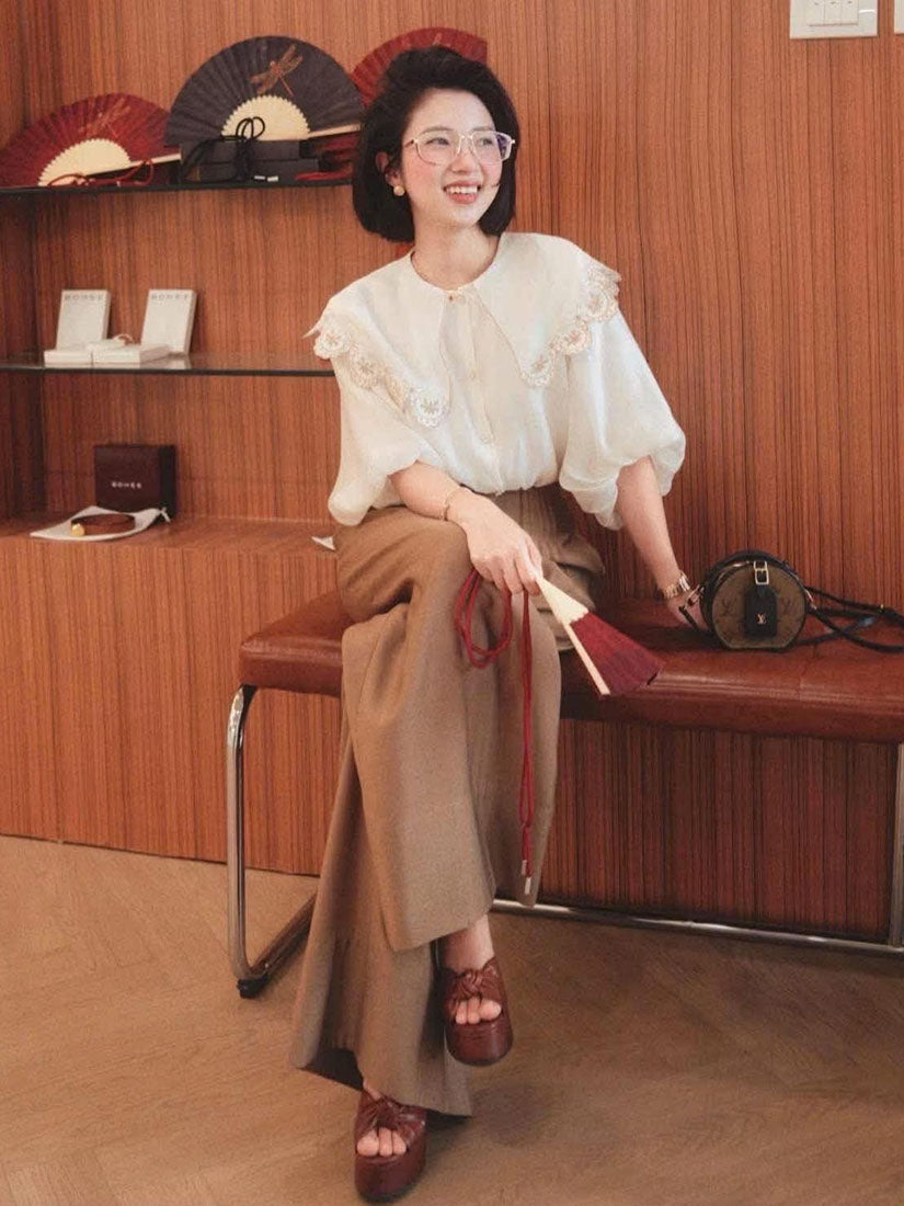 Embroidered Collar Puff Sleeve Shirt