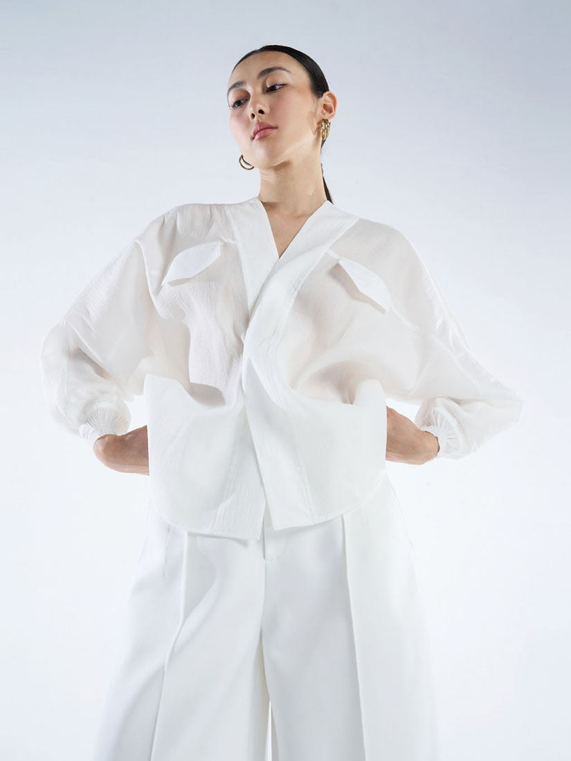 Long Sleeve White Foam Silk Shirt