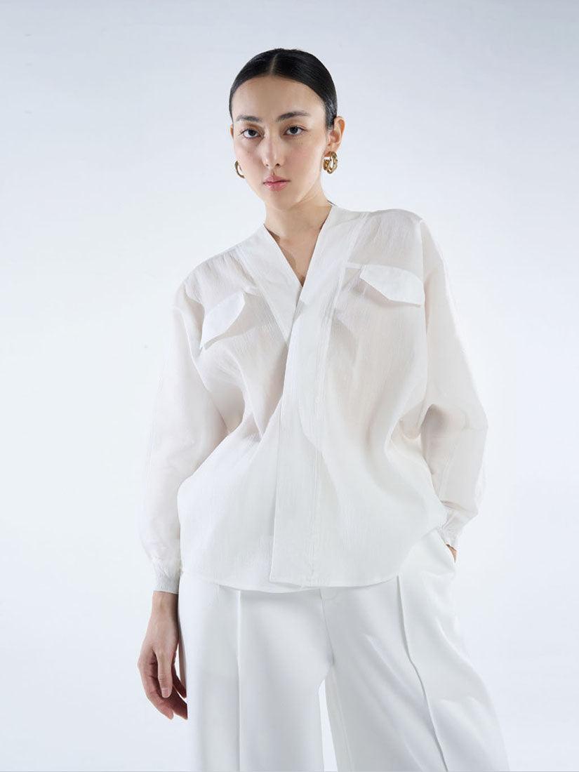 Long Sleeve White Foam Silk Shirt