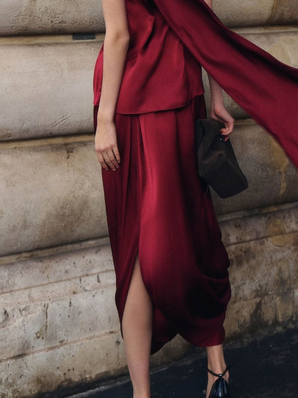 Red Draped Midi Skirt