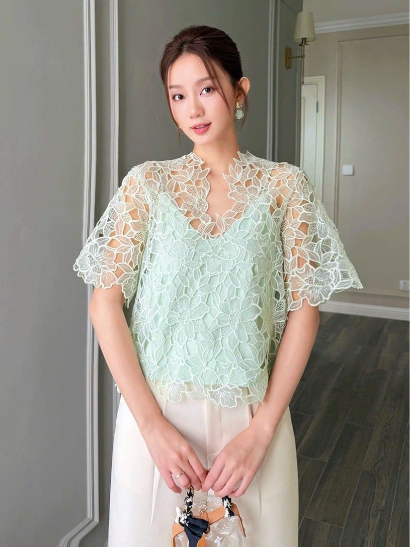 Floral Organza Lace Top - Mint