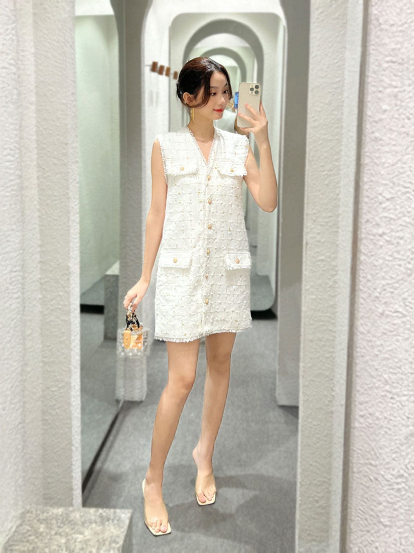Tassels Trim Golden Button Tweed Dress