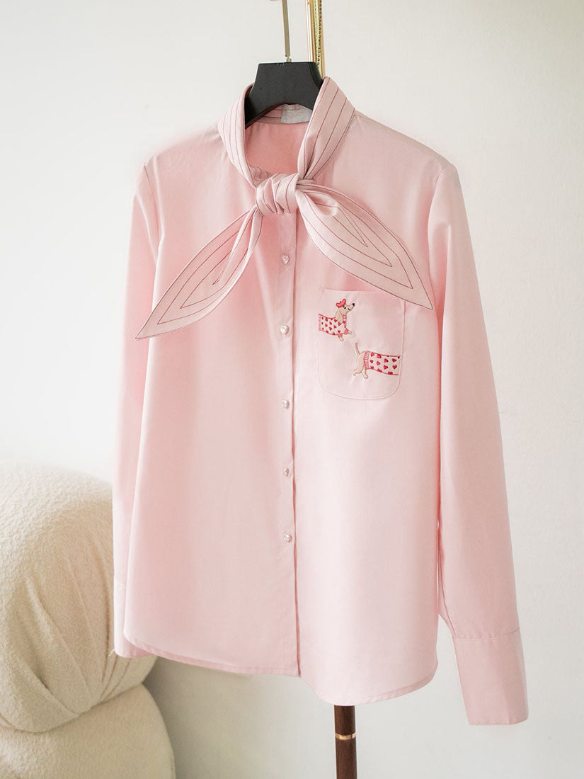 Tie Neck Dachshund Embroidered Shirt - Pink