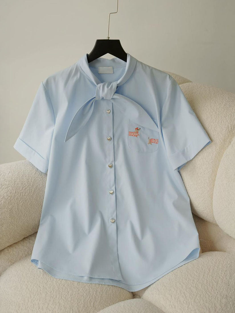 Tie Neck Dachshund Embroidered Short Sleeve Shirt
