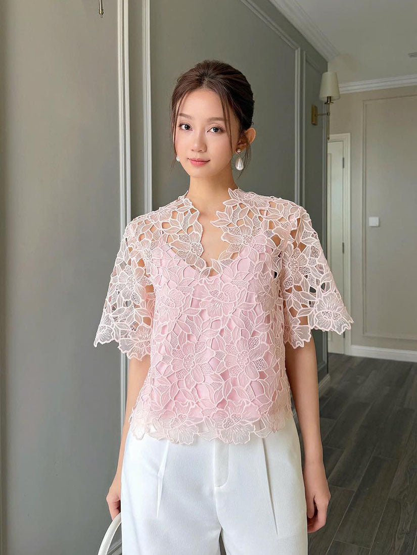 Floral Organza Lace Top - Pink