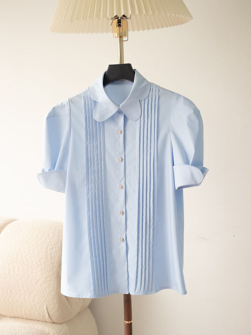 Petal Collar Pin-Tuck Front Shirt - Light Blue