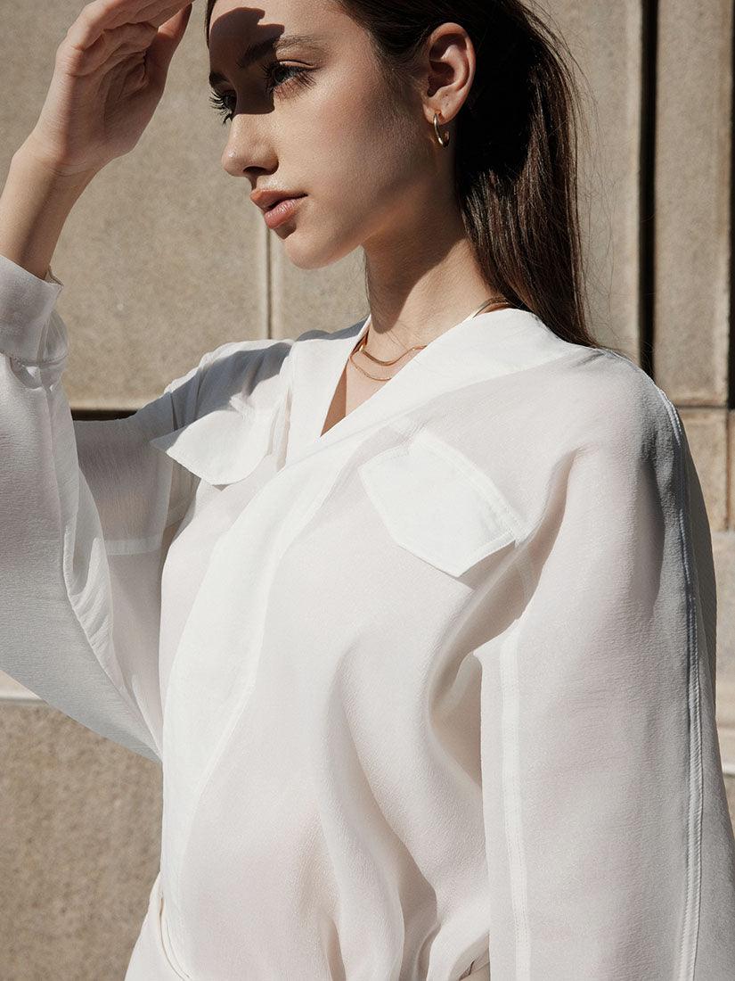 Long Sleeve White Foam Silk Shirt