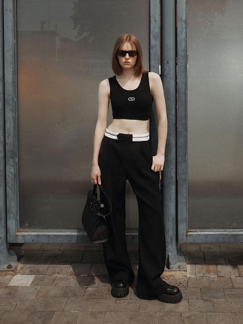 Contrast Waistband Black Pants