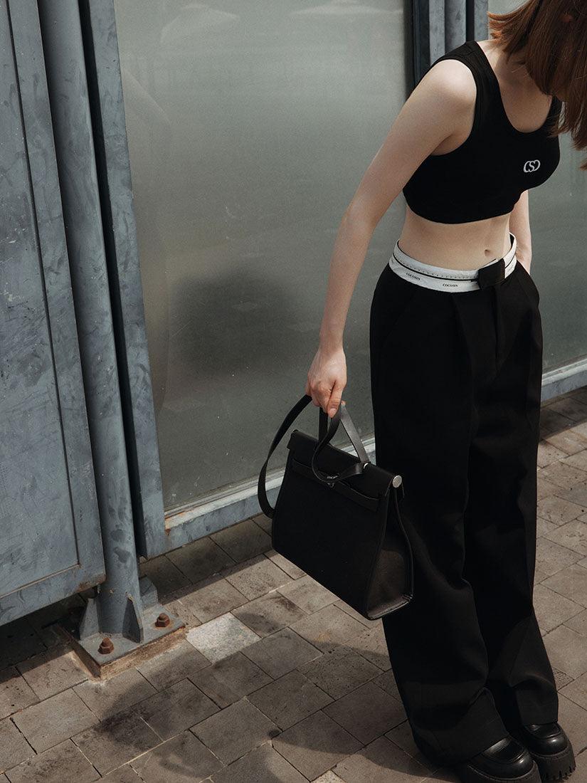 Contrast Waistband Black Pants