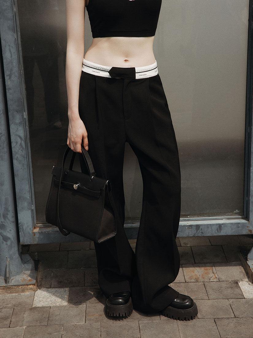 Contrast Waistband Black Pants