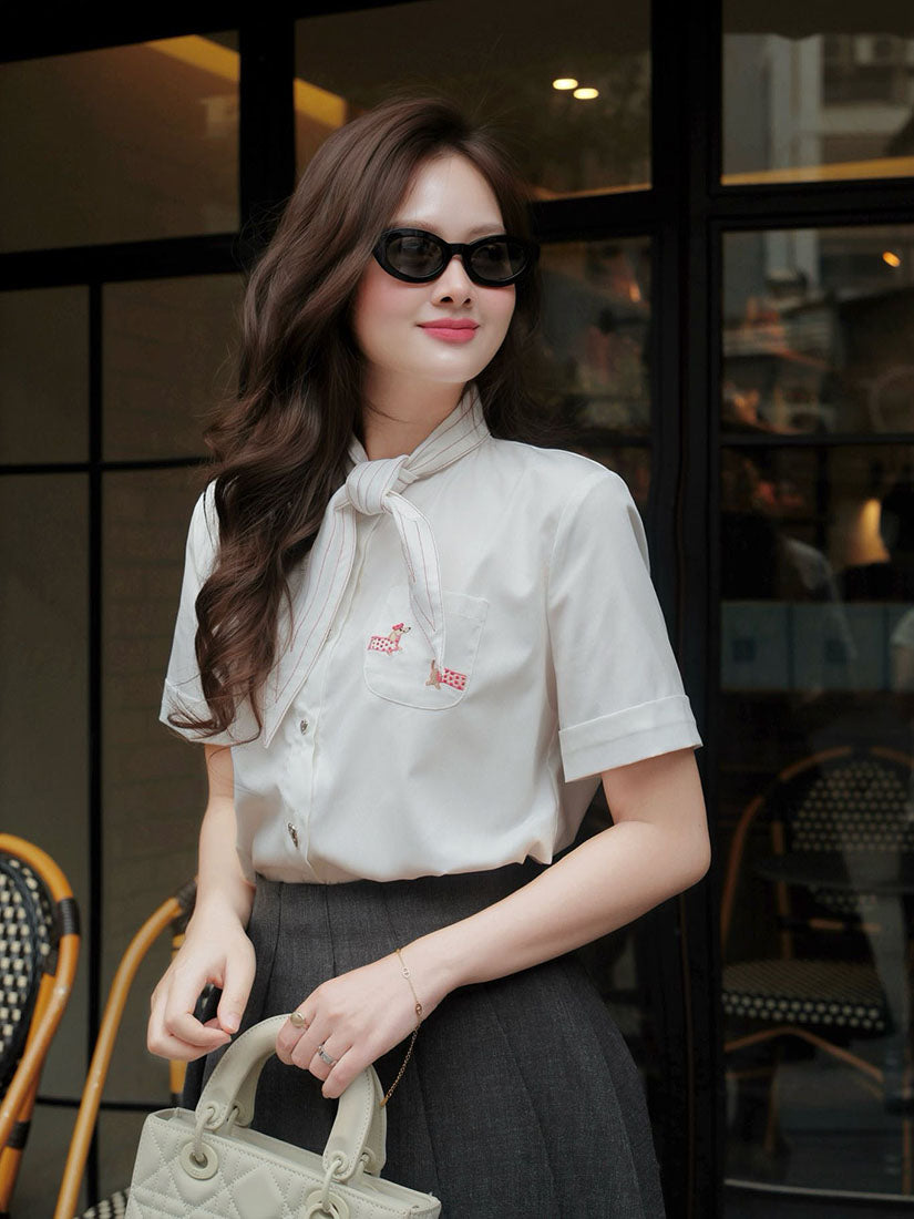 Tie Neck Dachshund Embroidered Short Sleeve Shirt - White