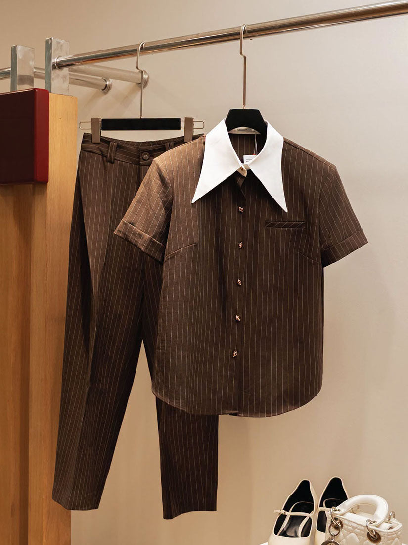 Contrast Pointed Collar Striped Shirt