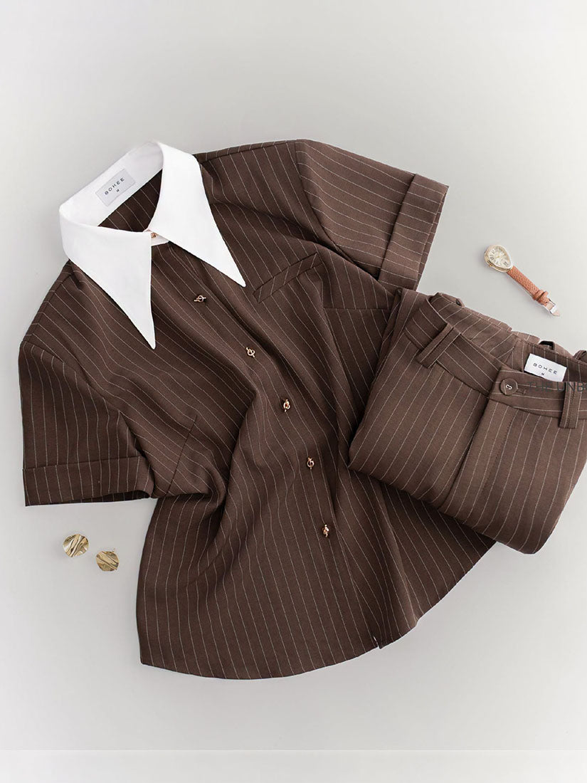 Contrast Pointed Collar Striped Shirt