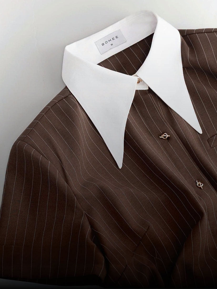Contrast Pointed Collar Striped Shirt