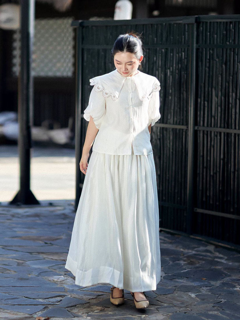 Embroidered Collar Puff Sleeve Shirt