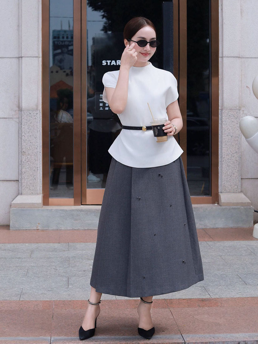 Gemstones Embellished Pleated Skirt - Grey