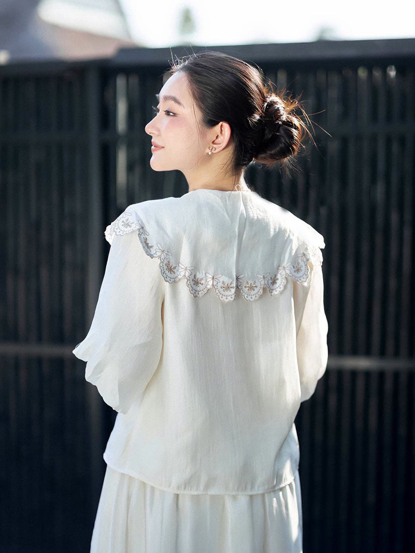 Embroidered Collar Puff Sleeve Shirt