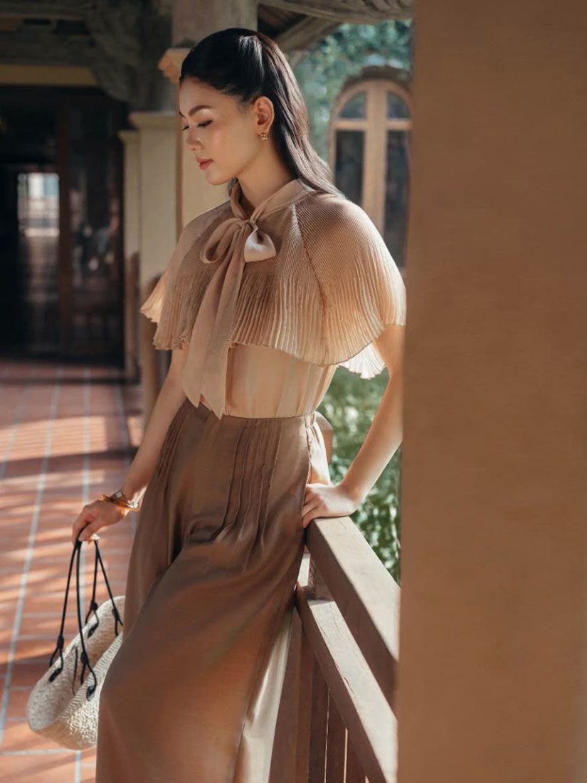 Tie Neck Pleated Cape Shirt