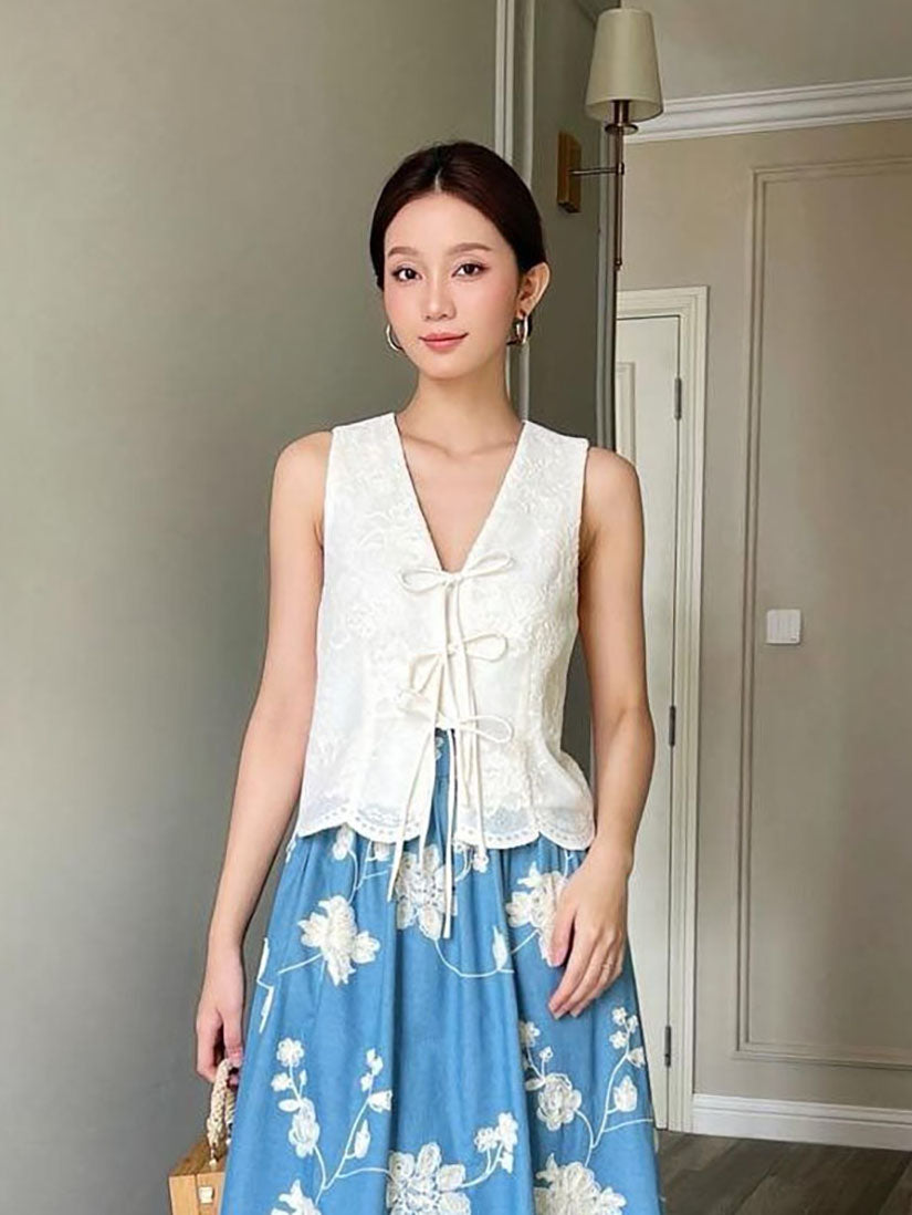 Cream Lace Tie Front Vest