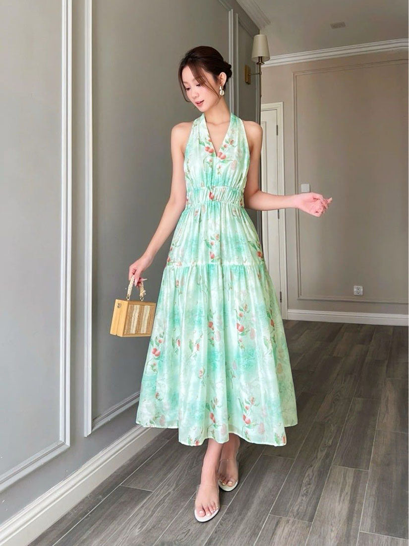 Floral Printed Halter Neck Gathered Waist Dress
