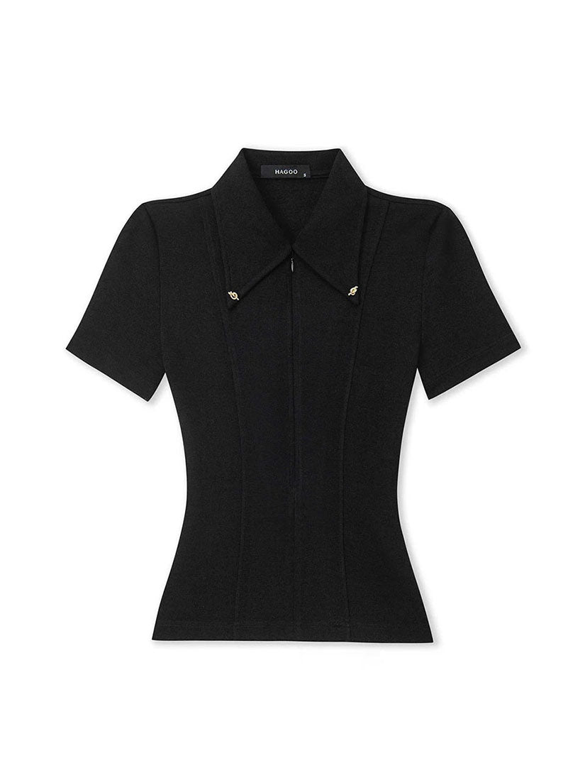 Decorative Button Zip Knit Top - Black