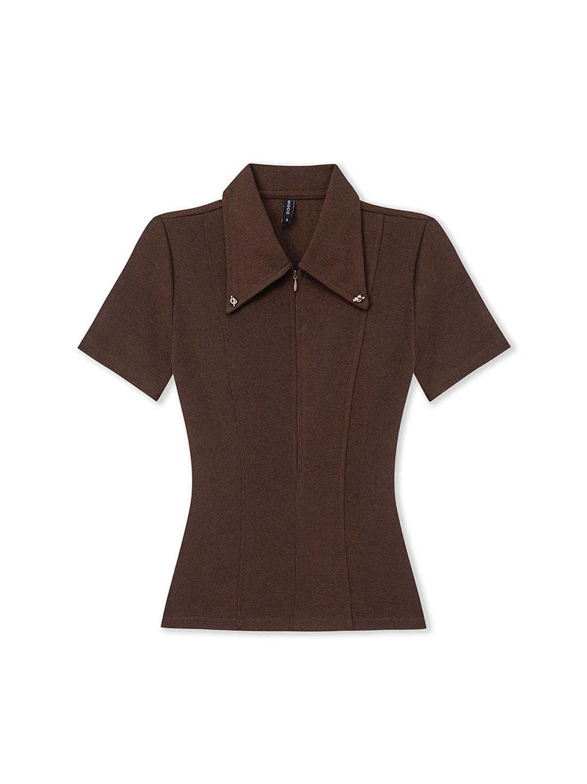 Decorative Button Zip Knit Top - Brown
