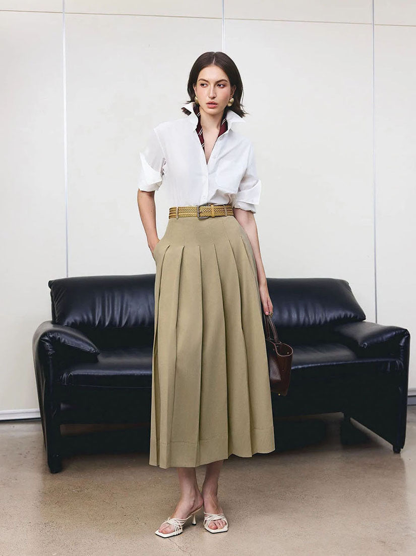 Long Pleated Khaki Skirt
