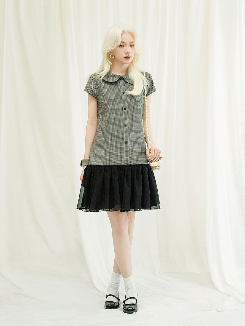 Ruffle Hem Houndstooth Blouse Dress