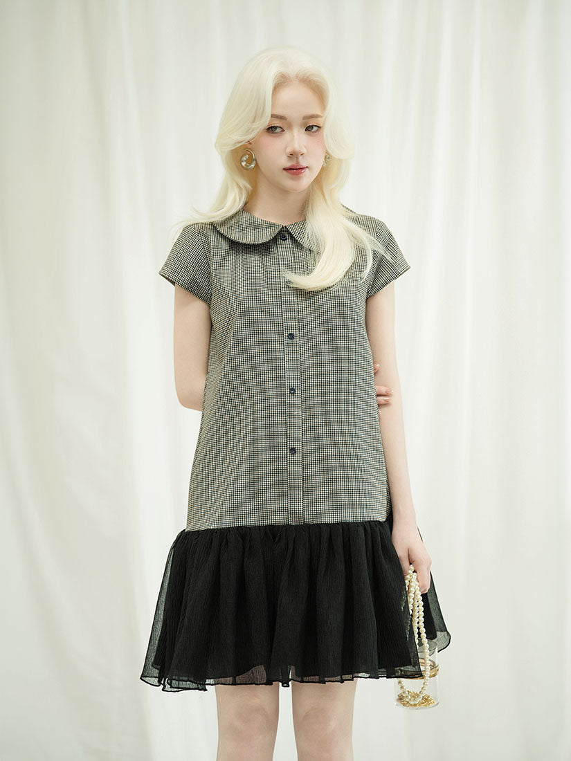 Ruffle Hem Houndstooth Blouse Dress