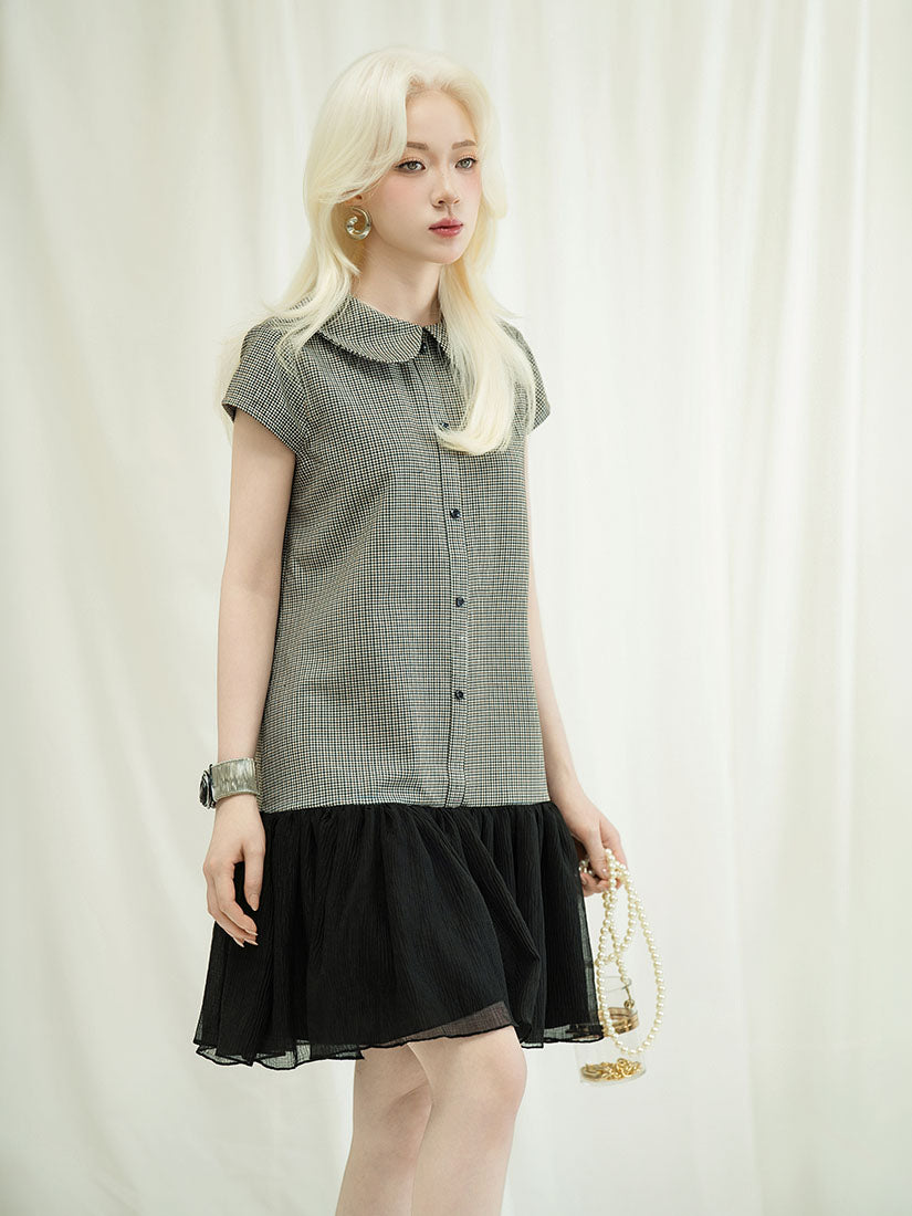 Ruffle Hem Houndstooth Blouse Dress