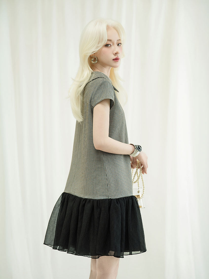 Ruffle Hem Houndstooth Blouse Dress