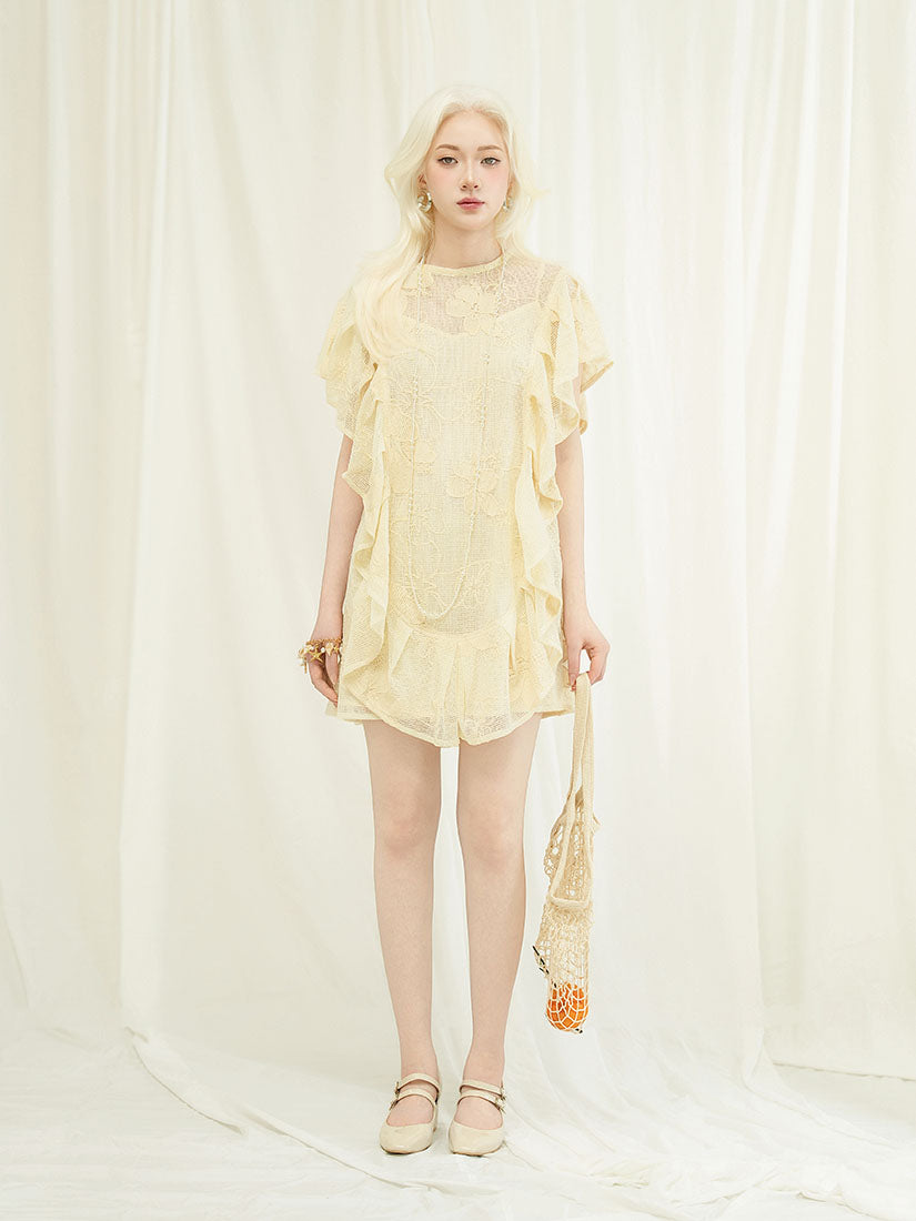 Ruffle Trim Crochet Net Dress