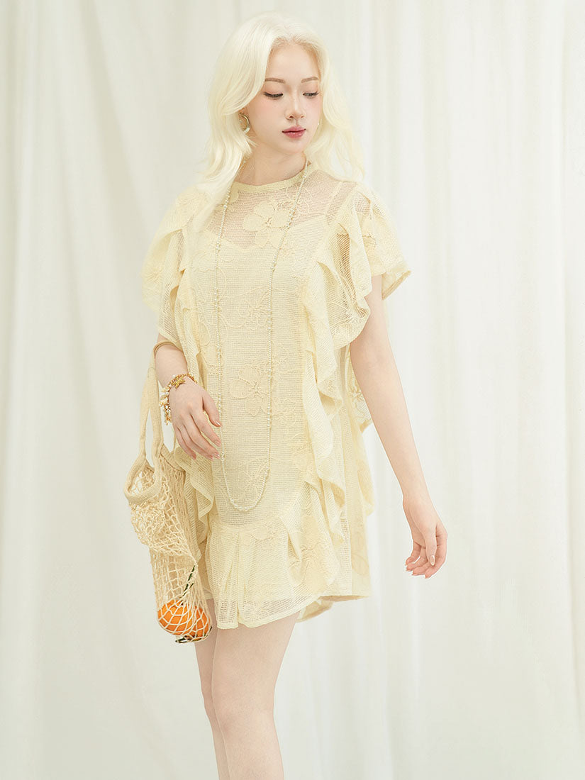 Ruffle Trim Crochet Net Dress